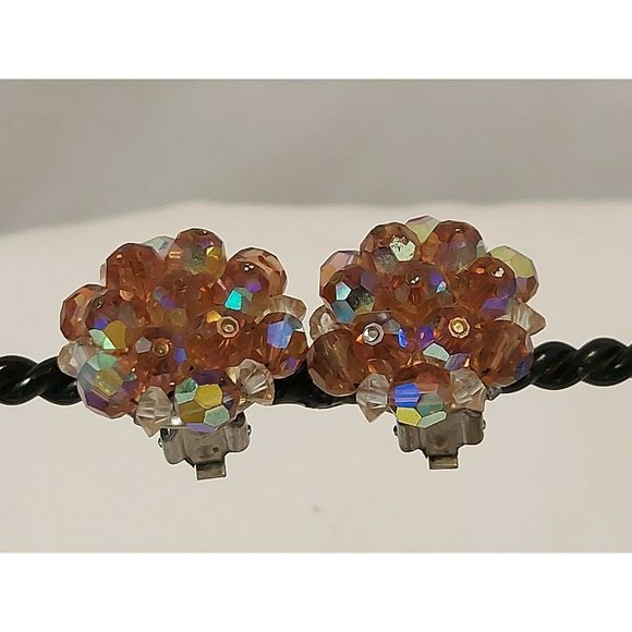 Vintage Laguna Aurora Borealis Crystal Bead Cluster Clip Earrings 50's-60's - Picture 2 of 7